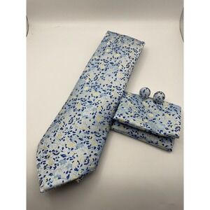 Barry Wang Mens Light Blue Floral 100% Silk Tie Pocket Square Cufflink Set NEW